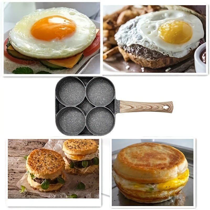 Sartén Antiadherente 4 en 1 Conveniente: Solución de Desayuno de Preparación Rápida con 4 Compartimentos para Huevos/Panqueques, Aluminio No Tóxico con Mango de Madera Seguro - SACASUSA