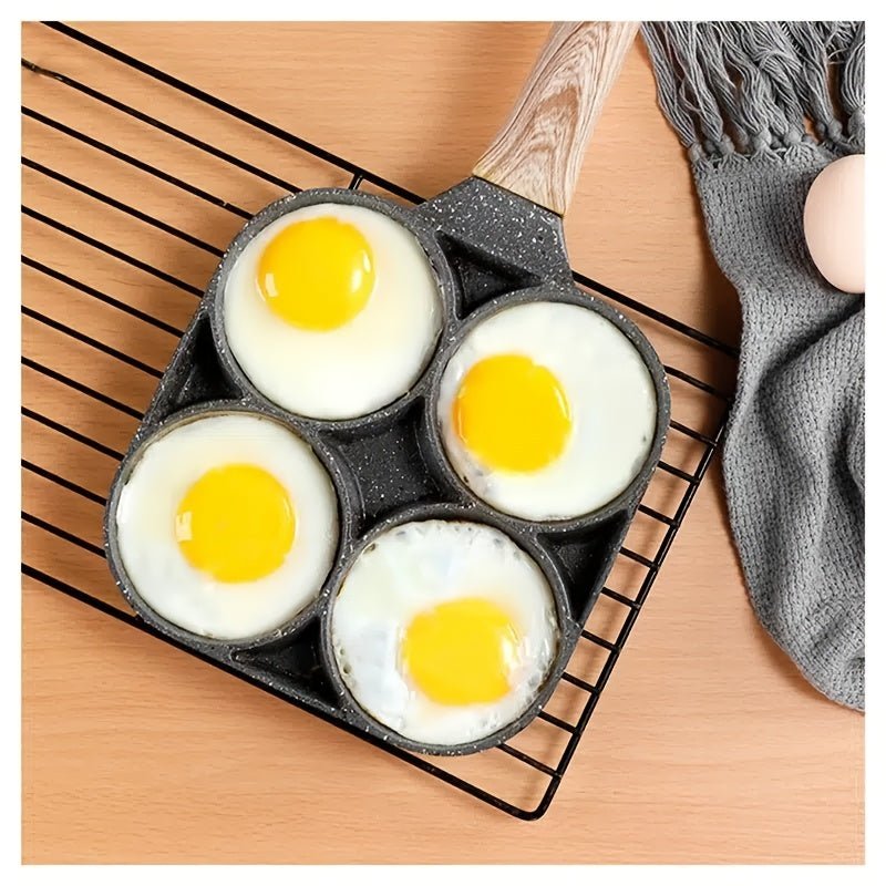 Sartén Antiadherente 4 en 1 Conveniente: Solución de Desayuno de Preparación Rápida con 4 Compartimentos para Huevos/Panqueques, Aluminio No Tóxico con Mango de Madera Seguro - SACASUSA