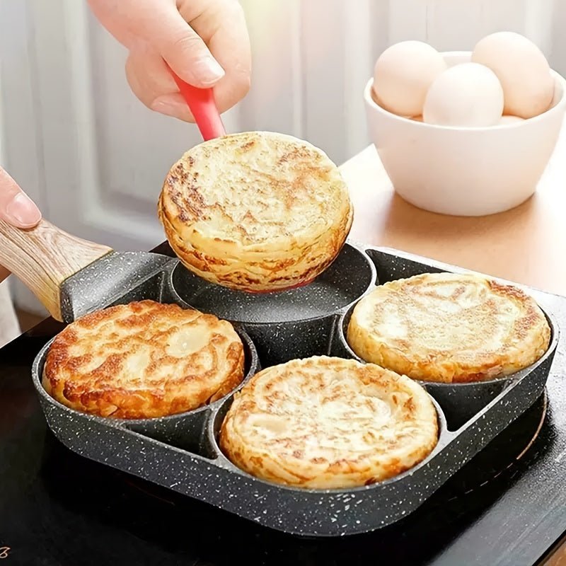 Sartén Antiadherente 4 en 1 Conveniente: Solución de Desayuno de Preparación Rápida con 4 Compartimentos para Huevos/Panqueques, Aluminio No Tóxico con Mango de Madera Seguro - SACASUSA