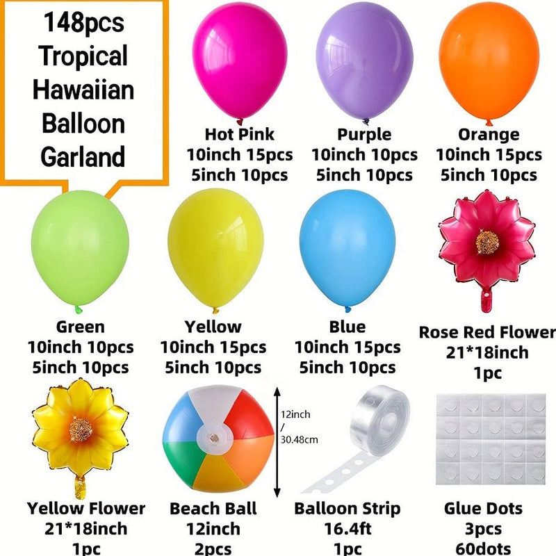 Set, Conjunto De Arco Floral De Globos Hawaianos Tropicales, 148 Globos Arcoíris De Melocotón Rojo Naranja Con Globos De Aluminio Con Forma De Flor Y Pelotas De Playa, Adecuado Para La Decoración De Fiestas De Verano, Carnaval, Cumpleaños, - SACASUSA