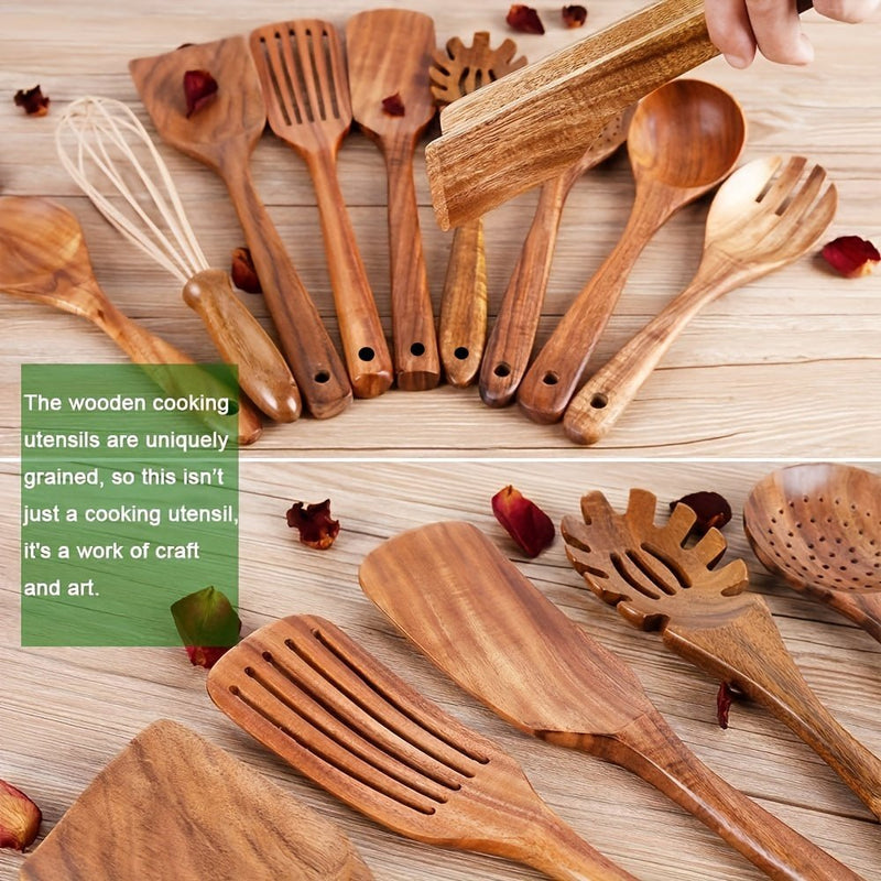 Set de Utensilios de Cocina de Madera de Teca Natural - Herramientas de Cocina Duraderas y Ecológicas con Espátula, Cucharón y Soporte - Regalo Perfecto para el Día del Padre - SACASUSA