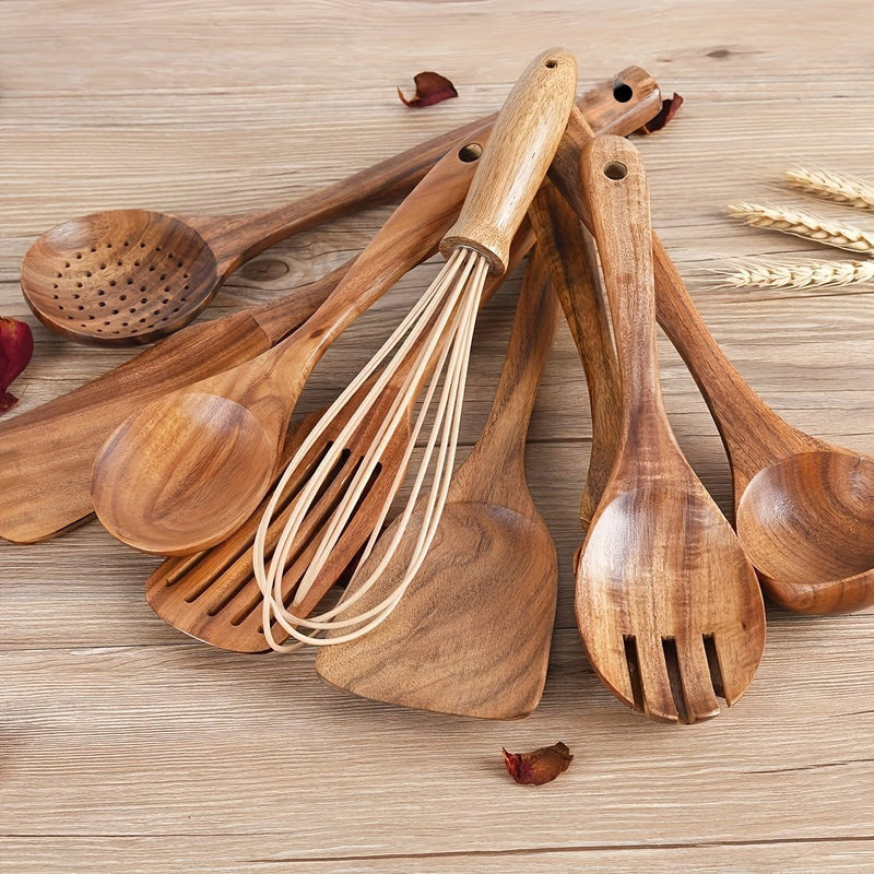 Set de Utensilios de Cocina de Madera de Teca Natural - Herramientas de Cocina Duraderas y Ecológicas con Espátula, Cucharón y Soporte - Regalo Perfecto para el Día del Padre - SACASUSA