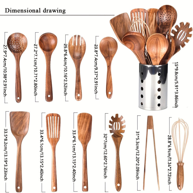 Set de Utensilios de Cocina de Madera de Teca Natural - Herramientas de Cocina Duraderas y Ecológicas con Espátula, Cucharón y Soporte - Regalo Perfecto para el Día del Padre - SACASUSA