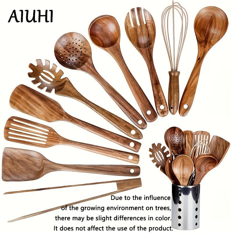 Set de Utensilios de Cocina de Madera de Teca Natural - Herramientas de Cocina Duraderas y Ecológicas con Espátula, Cucharón y Soporte - Regalo Perfecto para el Día del Padre - SACASUSA