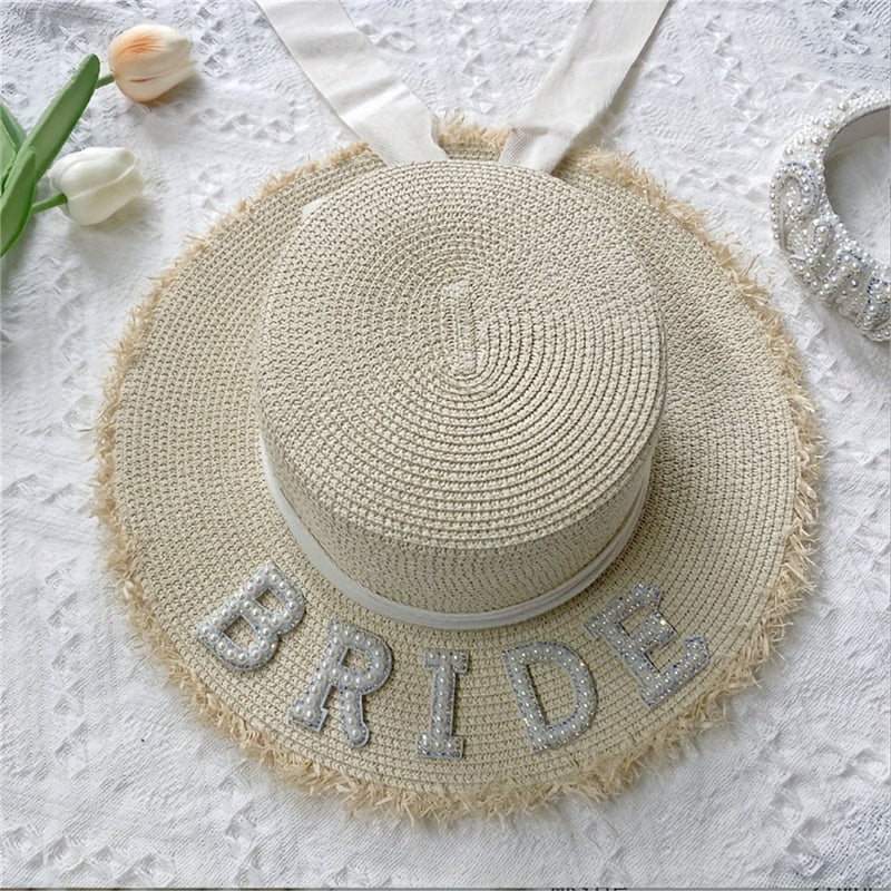 Sombrero De NOVIA Con Perlas De Imitación, Sombreros De Paja Elegantes Con Dobladillo Crudo, Sombreros Blancos Para El Sol Para Boda, Gorra De Playa Para Mujer - SACASUSA