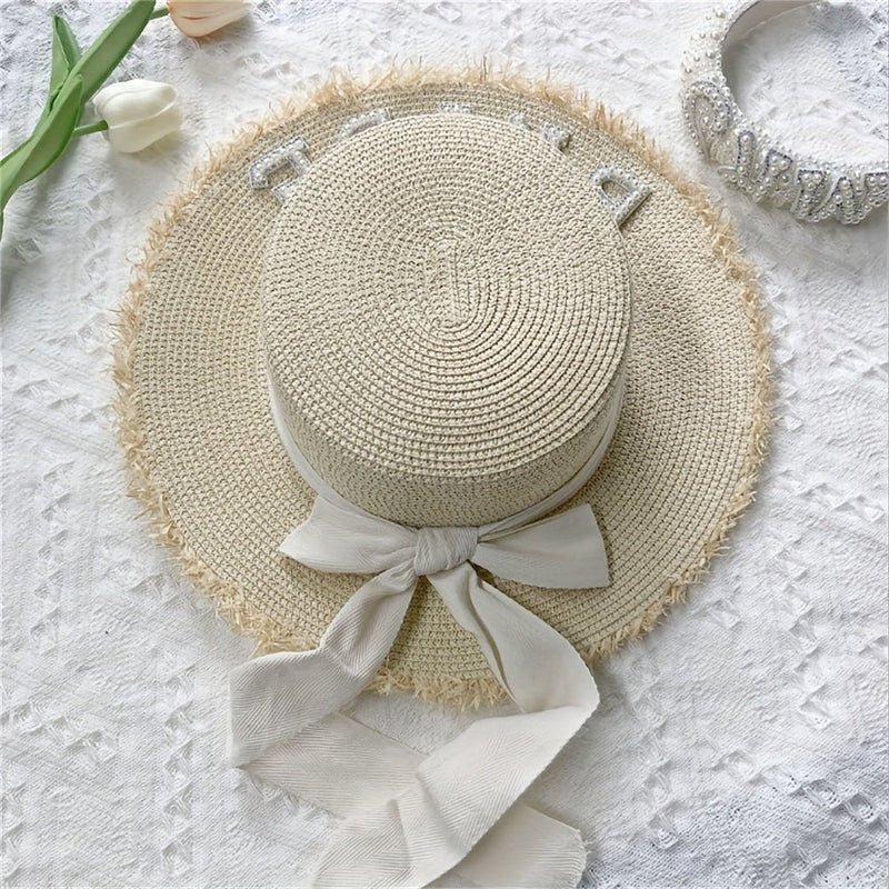 Sombrero De NOVIA Con Perlas De Imitación, Sombreros De Paja Elegantes Con Dobladillo Crudo, Sombreros Blancos Para El Sol Para Boda, Gorra De Playa Para Mujer - SACASUSA