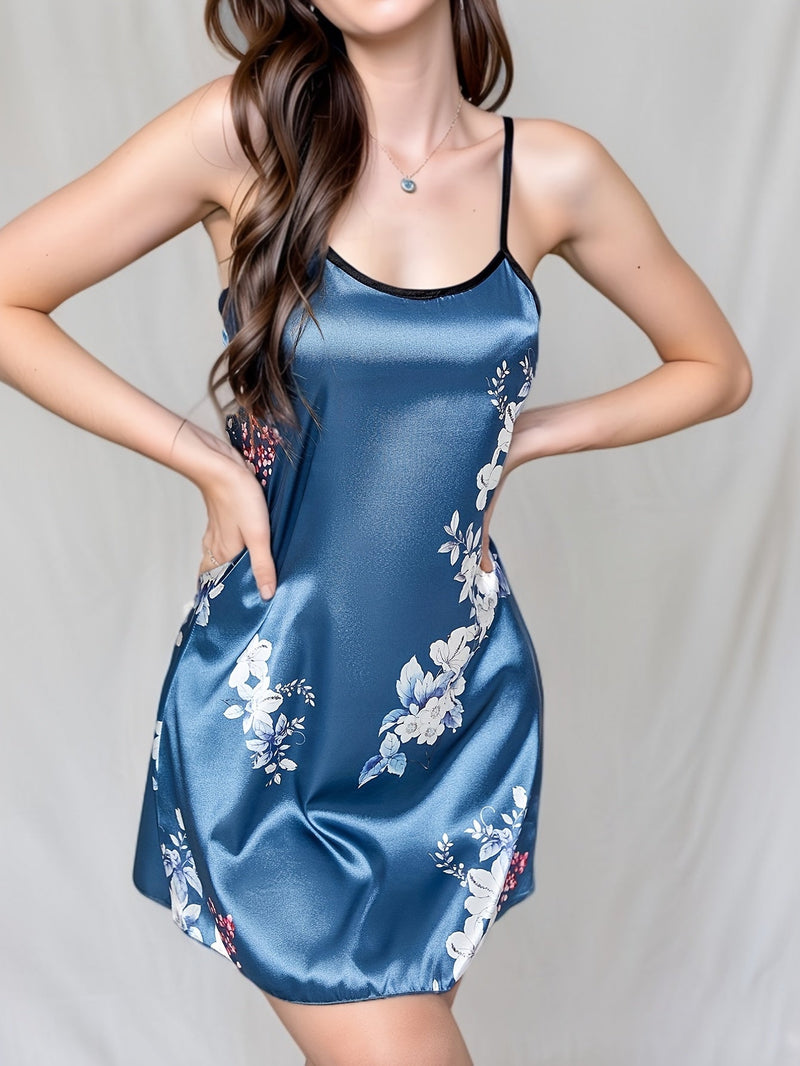 Vestido de Noche de Satén con Estampado Floral para Todas las Estaciones: Suave y Elegante, Tirantes de Spaghetti, Versátil Ropa de Descanso y Dormir para Mujeres, Lavable a Máquina - SACASUSA